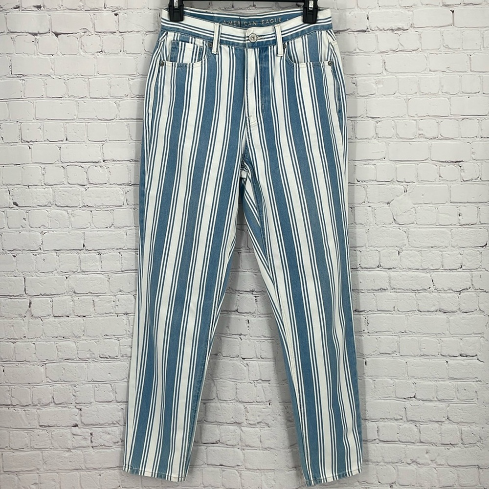 AEO American Eagle Outfitters Skinny Mom Jeans Pin Striped Blue White Coastal 0